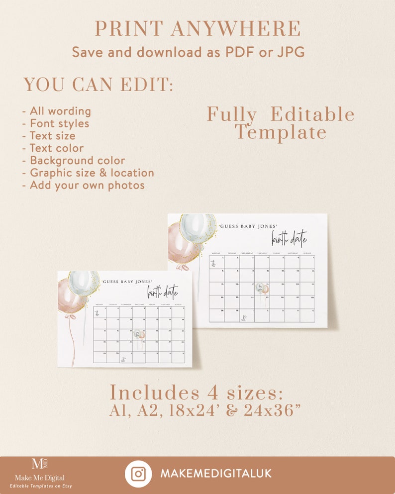 May include: Editable printable baby shower game template with a watercolor balloon design. The template includes a calendar for guests to guess the baby's birth date. The text on the template reads "Guess Baby Jones' Birth Date".