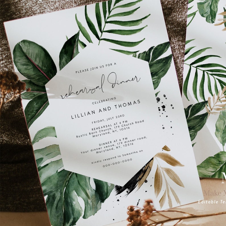 Green & Gold Tropical Rehearsal Dinner invitation summer greenery Rehearsal dinner invite, the night before invite, instant download, 119 image 10