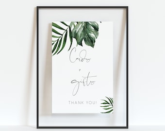 Tropical Cards and Gifts Sign Printable, Modern monstera Wedding gift Sign, palm leaf Bridal Shower Printable baby shower Signs beach 119