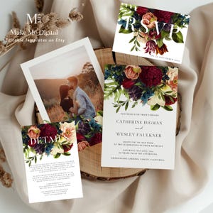Dark moody floral wedding invitation SUITE, burgundy floral wedding rsvp & info, burgundy wedding invite template set, instant download, 105