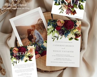Dark moody floral wedding invitation SUITE, burgundy floral wedding rsvp & info, burgundy wedding invite template set, instant download, 105