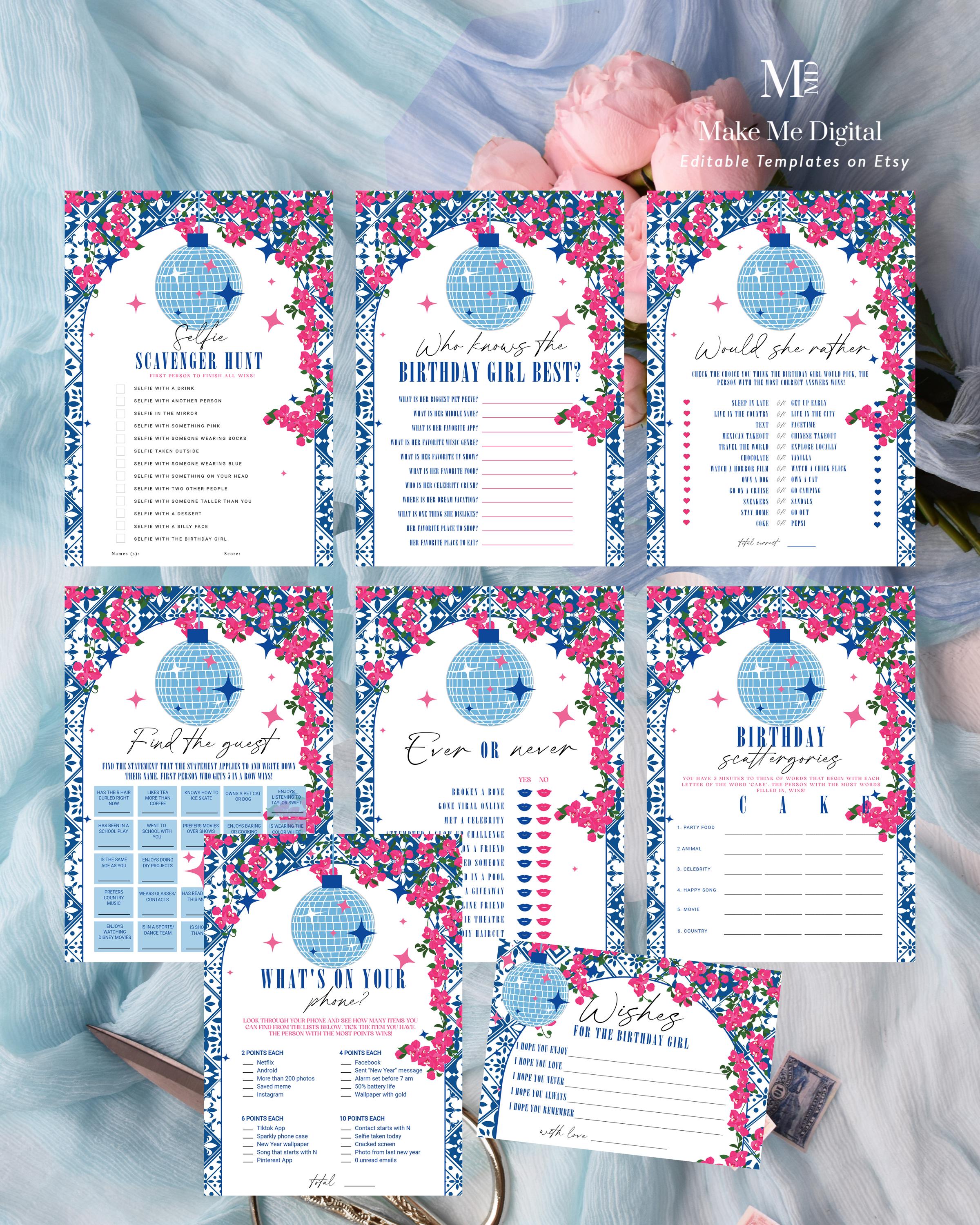 Teen Birthday Dancing Queen Game Bundle, Greek Mamma Mia seventeen, printable recipe editable theatre movie teenager party game suite bingo