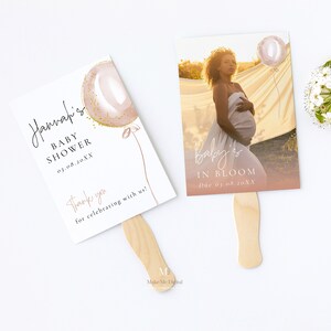Pink Balloon Baby Shower Fans, Delicate Blush Baby in bloom party fans, Printable Shower double sided favor, Balloon garland shower Editable