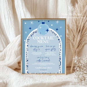 Placa de menu de coquetéis Dancing Queen Bridal Shower, placa de despedida de solteira da Mamma Mia grega para impressão, placa de bebidas de Santorini Bach editável em azulejo azul para noiva