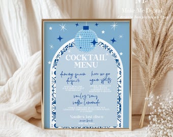 Cocktail menu sign Dancing Queen Bridal Shower, Greek Mamma Mia hen do sign printable, bride editable blue tile santorini bach drinks sign