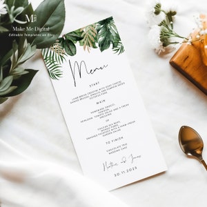 Tropisches Hochzeitsmenü, sommerliches Palmenblatt, Brautparty-Menü, botanisches tropisches Abendmenü, Monsterablatt, Strandmenü Sofort-Download, 119