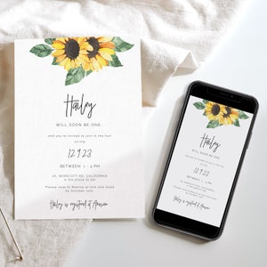 Sunflower First Birthday Invitation set, rustic evite Birthday invitation printable, editable yellow sunflower birthday party invite SUNNY
