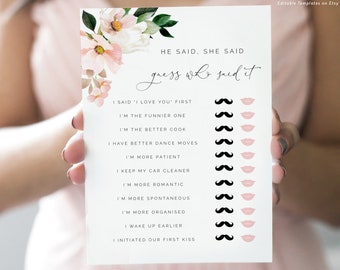 Pink Hydrangea floral He said, she said Game, Bridal Shower Bride vs Groom game Printable game template Bridal Shower Instant Download 116