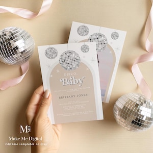 Disco Ball Diva Baby Shower Invitation, Silver glitter disco, baby invitation printable, editable arch baby girl invitation invite DX