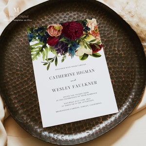 Burgundy floral wedding invitation winter floral wedding invite, fall burgundy invitation , instant download, 105