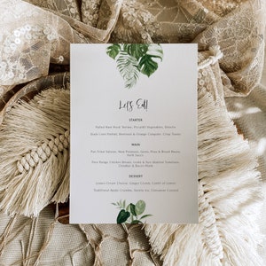 Modèle de menu de mariage tropical minimaliste, menu du dîner monstera, menu de mariage de plage imprimable, menu d'été feuille de palmier modifiable 126