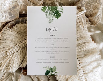 Minimalist Tropical Wedding Menu Template, dinner menu monstera, Printable beach wedding menu, palm leaf Summer menu Editable 126