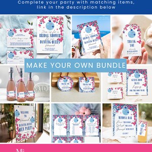 May include: A collection of printable party decorations for a bridal shower with a disco ball theme. The decorations include invitations, welcome signs, thank you tags, and a mimosa bar sign. The decorations are in blue, pink, and white with a disco ball graphic.