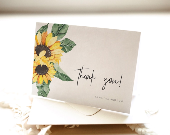 Sunflower Wedding Thank You Card Template Yellow Floral Shower Thank ...