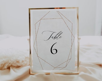 Glitter Copper Geometric Table Number Sign, Industrial copper wedding Table Numbers, glamorous copper editable wedding table number cards