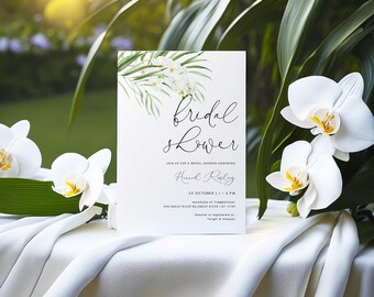 White Orchid Bridal Shower Invite,  Modern ivory Bridal Shower Invitation, Instant Download, botanical bridal shower editable template