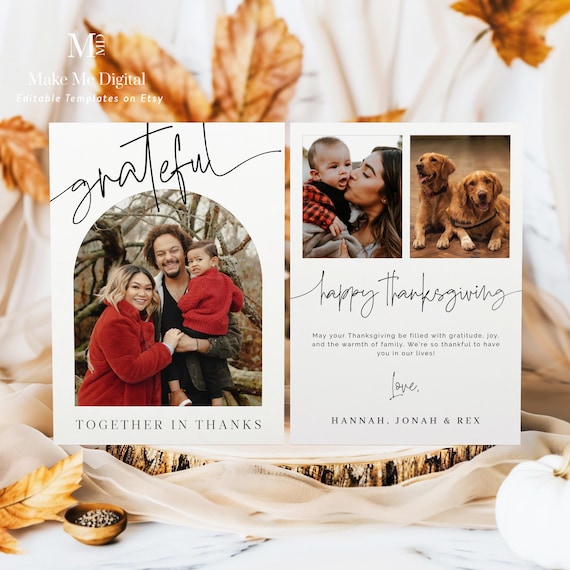 Modern Minimalist Grateful Thanksgiving Family Photo Card Template | Script Font Holiday Greeting Card Design | Editable Gratitude Card 2024