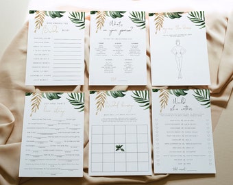 Tropical bridal shower game set, monstera hen party game, would she rather, bridal bingo, fun beach bridal shower games, palm bridal 119