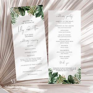 May include: A wedding ceremony program with a tropical theme. The program features a watercolor illustration of green palm leaves and a gold accent. The text includes the names "Lily and Tom", the date "13.07.20XX", and the location "California". The program also lists the order of events for the ceremony, including the prelude, processional, opening words, readings, exchange of vows and rings, prayer, presentation of couple, and recessional.