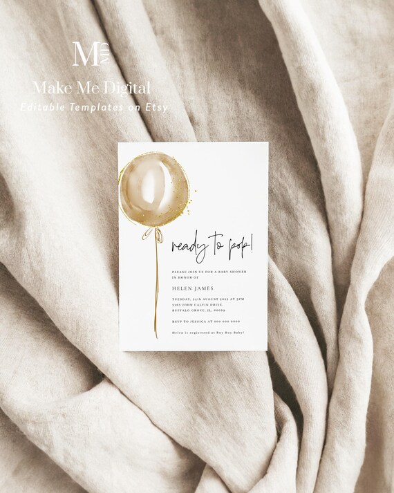 Gold Beige Balloon Baby Shower Invitation, Earth gender neutral Baby Shower invitation, Printable ready to pop invite Balloon brown Editable