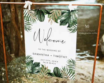 Tropical Wedding welcome sign, TROPICAL editable welcome sign, palm leaf welcome sign, palm Beach Hawaii welcome sign monstera leaf 119