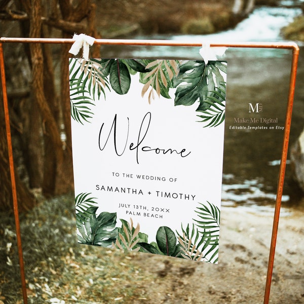 Tropical Wedding welcome sign, TROPICAL editable welcome sign, palm leaf welcome sign, palm Beach Hawaii welcome sign monstera leaf 119