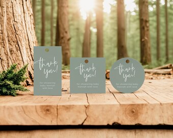 Sage Blue Shower Favor Tag Template | Round Favor Square Favor Tag | Sage Greenery Baby Shower Favour Sticker Gender Neutral Thank You Tags