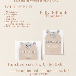 Puede incluir: Plantilla editable para un cartel personalizado con un dise&ntilde;o de bola de discoteca. El cartel mide 20,3 x 25,4 cm y se puede utilizar para cualquier evento. El texto del cartel dice "Custom sign 8 x 10 inch sign to make your own custom signs. Enjoy!"