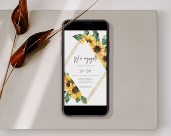 Sunflower Engagement Party Evite, rustic floral we're engaged text invitation printable, digital yellow sunflower engagement invite SUNNY