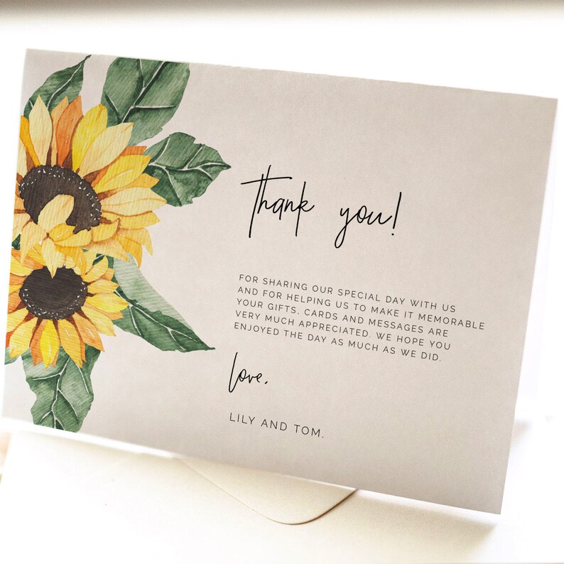 Rustic Sunflower Thank you card wedding, country floral thank you printable, editable yellow sunflower country professional message SUNNY image 2