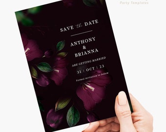 Gothic Save the Date Invitation Template, Printable Halloween Save the date Instant Download purple and black gothic floral Wedding VE1