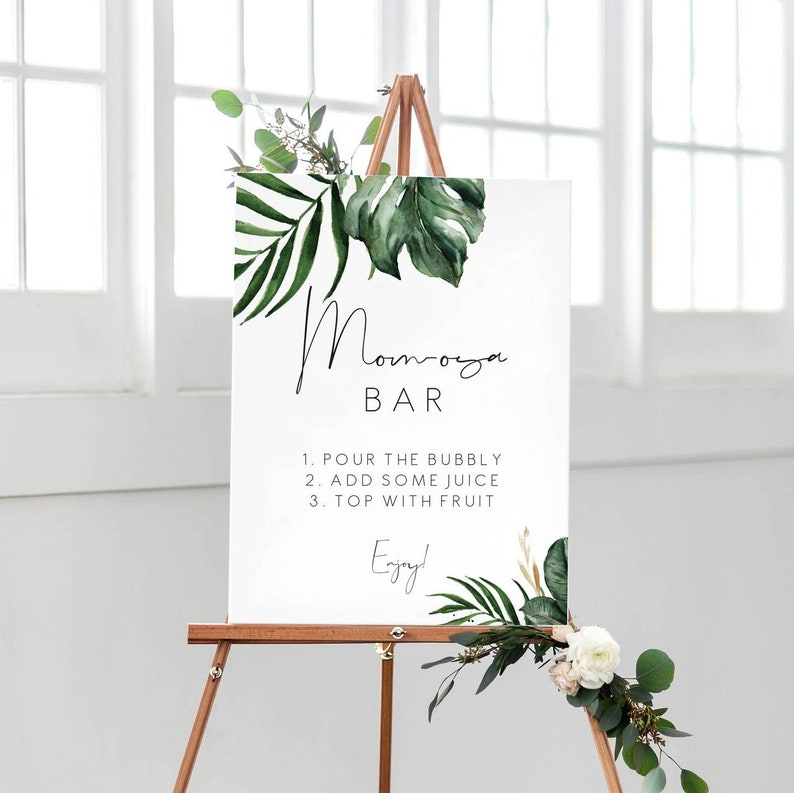 Tropical baby shower momosa bar sign palm leaf mimosa bar, Baby Shower sign, Printable green momosa bar sign, Instant Download 119 image 1