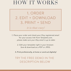 May include: A beige and brown graphic with the text "HOW IT WORKS" in large, bold letters. The text "1. ORDER 2. EDIT + DOWNLOAD 3. PRINT + SEND it is that easy!" is in a smaller font and enclosed in a rectangle. The text "1. Place your order and check your Etsy registered email for your access link from Templett.com. - please make sure your Etsy email is up-to-date- 2. Edit your template right in your browser. Save & download as a PDF or JPEG. 3. Print professionally, at home or send out digitally! TRY THE FREE DEMO IN THE DESCRIPTION BELOW" is in a smaller font. The text "Make Me Digital Editable Templates on Etsy" is in a smaller font. The text "MAKEMEDIGITALUK www.makemedigital.shop" is in a smaller font.
