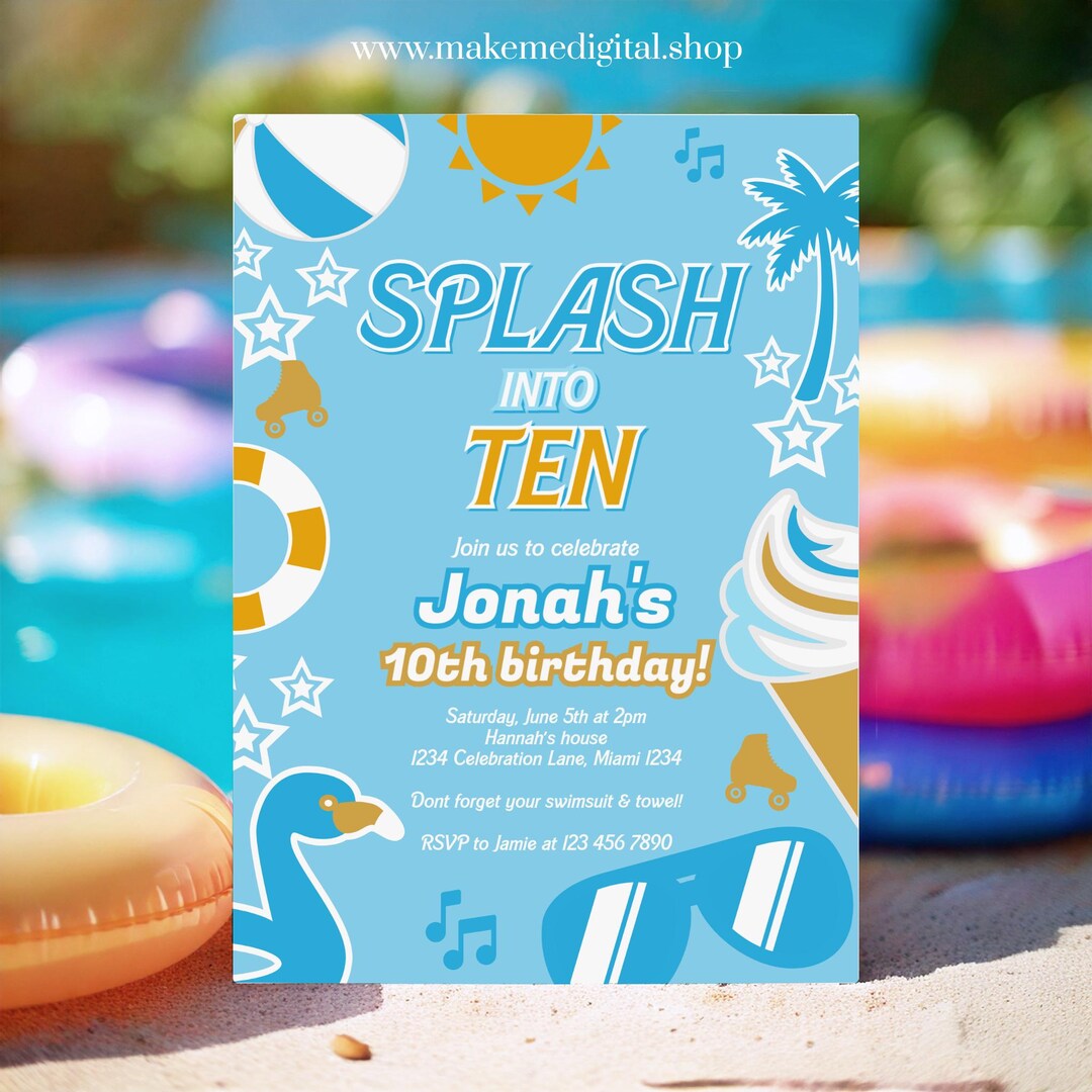 Splash Into Ten Pool Party Birthday Invitation, Blue 10th Birthday Kids ...