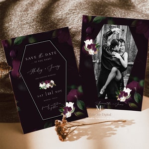 May include: A black and purple save the date card with a gothic font. The text reads "Save the Date... If you dare! Hailey & Jering are getting married. Sat 22 Nov. Boerne, Texas. Formal invitation to follow."