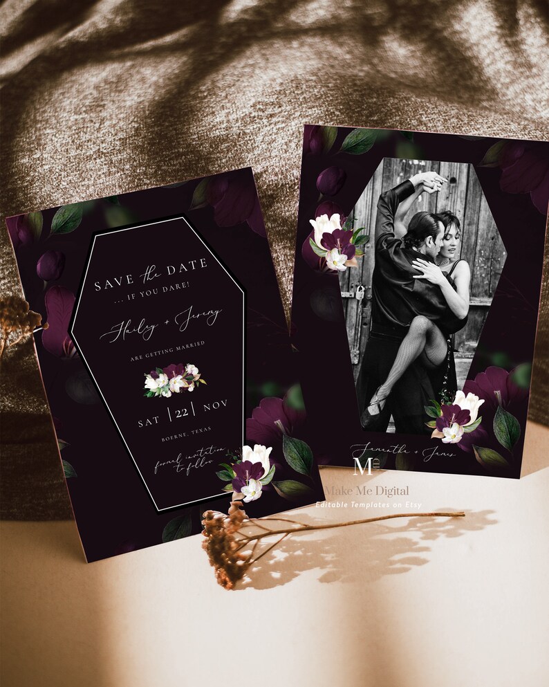 May include: A black and purple save the date card with a gothic font. The text reads "Save the Date... If you dare! Hailey & Jering are getting married. Sat 22 Nov. Boerne, Texas. Formal invitation to follow."
