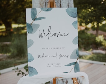 Eucalyptus Welcome Sign, Greenery Welcome Wedding Sign, Printable Reception Sign, Instant Download, Blue Eucalyptus Welcome Editable 113