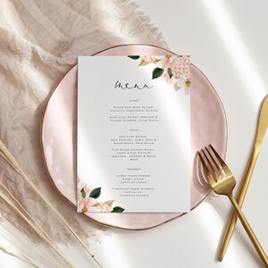 Menú de boda con hortensias rosas, tarjeta de menú de boda con rubor, tarjeta de menú de cena con magnolia para imprimir, descarga instantánea 116