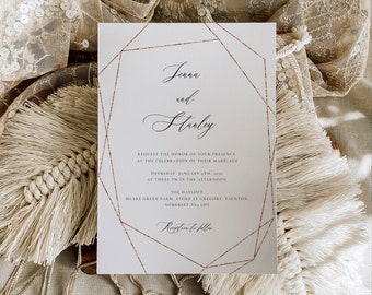 Glitter Copper Geometric Wedding Invite, Industrial copper wedding invitation printable, glamorous copper editable wedding invitation