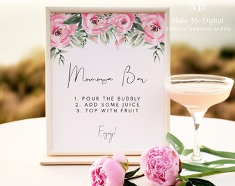 Pink peony baby shower momosa bar sign floral mimosa bar Baby Shower poster, Printable flower momosa bar tabletop sign, Instant Download 124