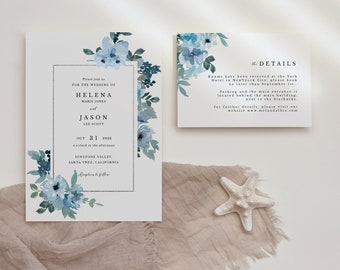 Blue Floral Wedding Invitation set of 2, editable wedding invite and details template, printable blue wedding invite, instant download 131