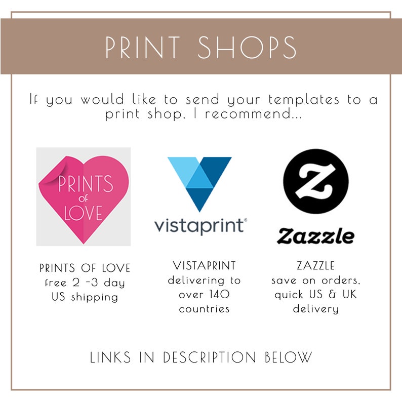 以下が含まれることがあります： 印刷会社のロゴが3つ（Prints of Love、Vistaprint、Zazzle）が描かれたグラフィック。各ロゴの下には、会社のサービスの説明が書かれている。グラフィックの下部には、「説明は下記をご覧ください。」というテキストが書かれている。