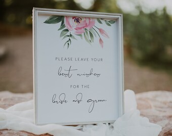 Pink peony Best Wishes for the Bride and Groom, Floral Bridal Shower sign, Printable peony wishes for the couple sign,  Instant Download 124