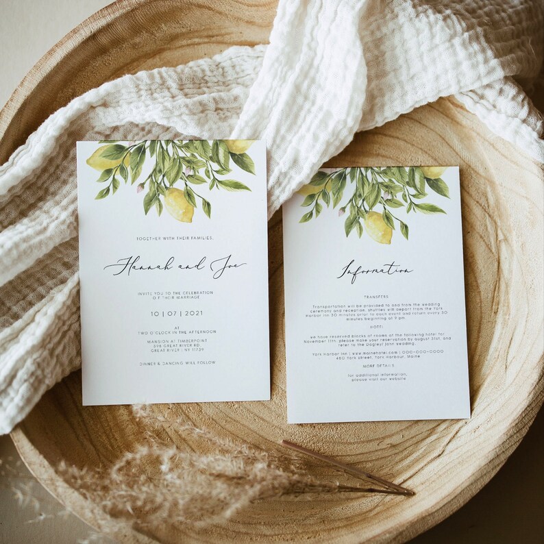 Lemon Wedding Double Sided Invitation citrus Invitation, Yellow lemon Wedding Invite Instant Download Editable yellow citrus information 122 image 6