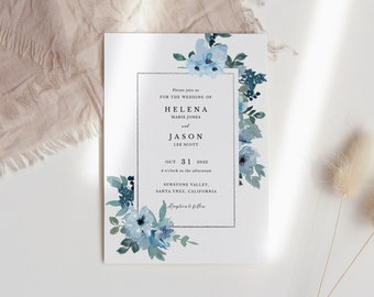 Blue Floral Wedding Invitation Rustic wedding invitation, editable wedding invite template, printable wedding invite, instant download 131