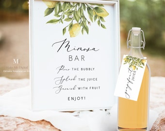 Yellow Lemon Mimosa Sign Printable, Modern Lemon Champagne Bar Sign Yellow Citrus bubby bar wedding sign, summer Printable Signs 122