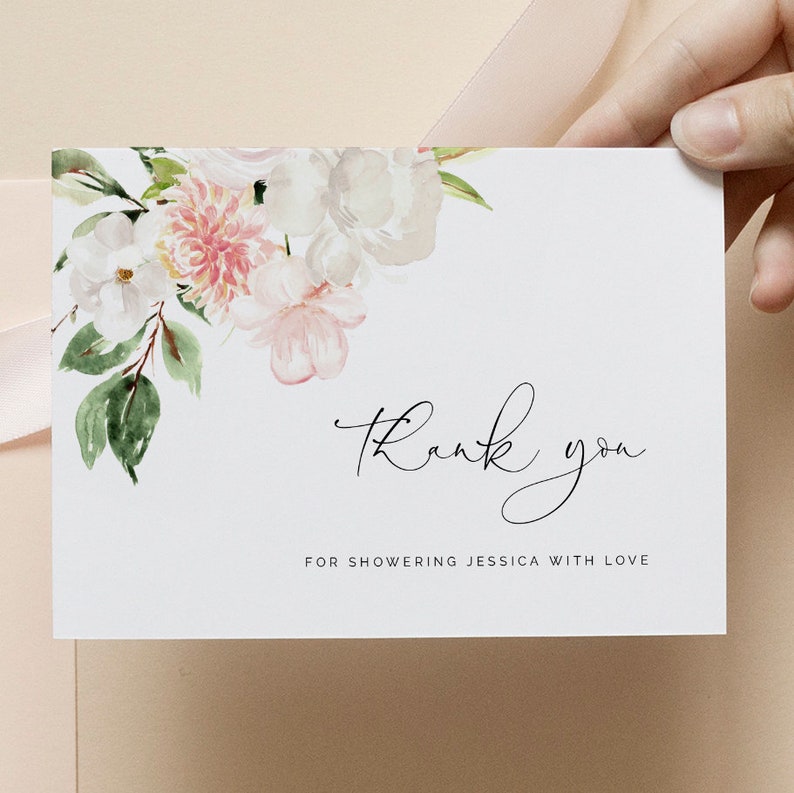Blush Pink & White Bridal Shower Thank You Card Template | Etsy