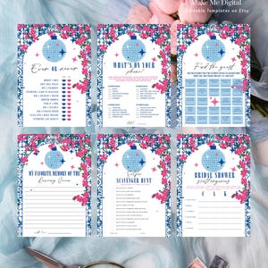 May include: A set of printable bridal shower game cards with a blue and pink floral design. The cards feature a disco ball and the text "Ever or Never", "What's on Your Phone", "Find the Guest", "My Favorite Memory of the Dancing Queen", "Selfie Scavenger Hunt", and "Bridal Shower Scattering Game".