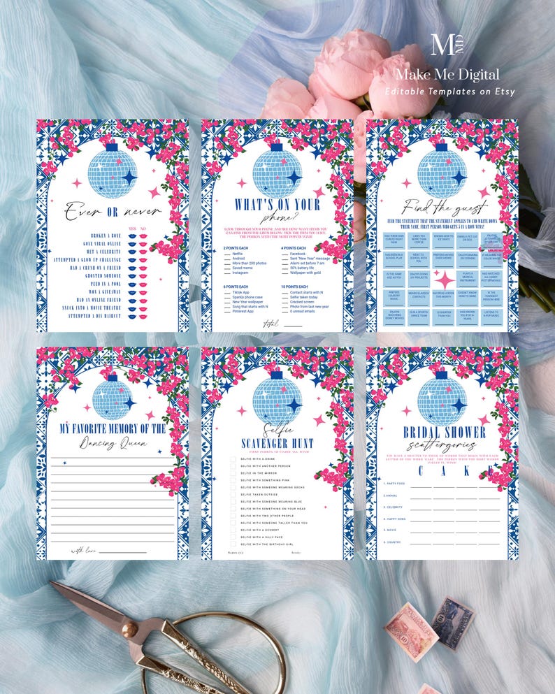 May include: A set of printable bridal shower game cards with a blue and pink floral design. The cards feature a disco ball and the text "Ever or Never", "What's on Your Phone", "Find the Guest", "My Favorite Memory of the Dancing Queen", "Selfie Scavenger Hunt", and "Bridal Shower Scattering Game".