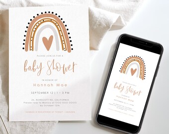 May include: A baby shower invitation featuring a rainbow design in shades of brown, beige, and white. The invitation has a heart in the centre of the rainbow and black polka dots around the edges. The text on the invitation reads "Please join us for a baby shower in honour of Hannah Mae. September 12 | 1 - 3 PM. 26, Norscott Rd, California. Please rsvp to Monica at 000 000 0000 by October 12th. Hannah is registered at Target - Amazon."